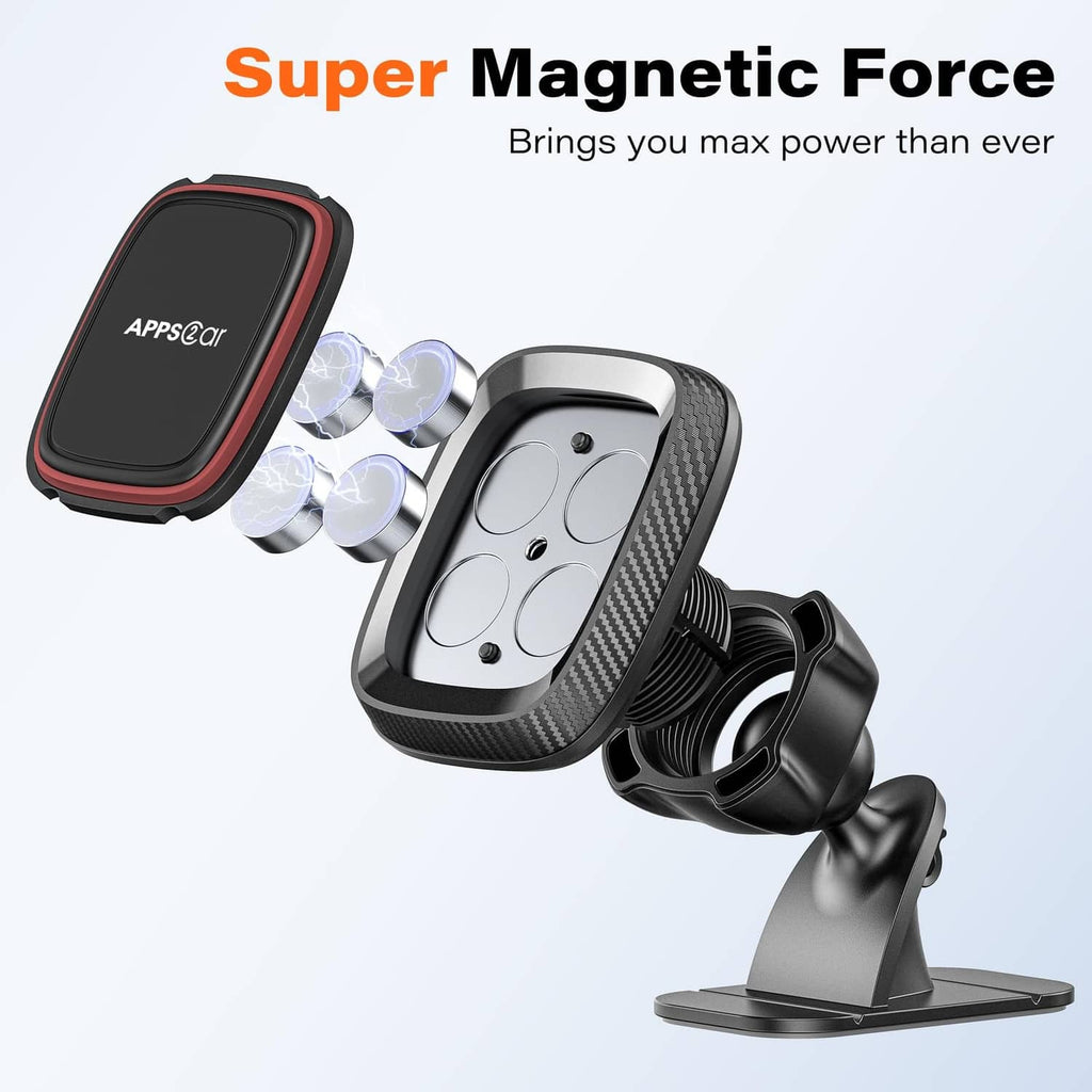 Black magnetic phone holder with carbon-fiber face, suction-style mount, and base