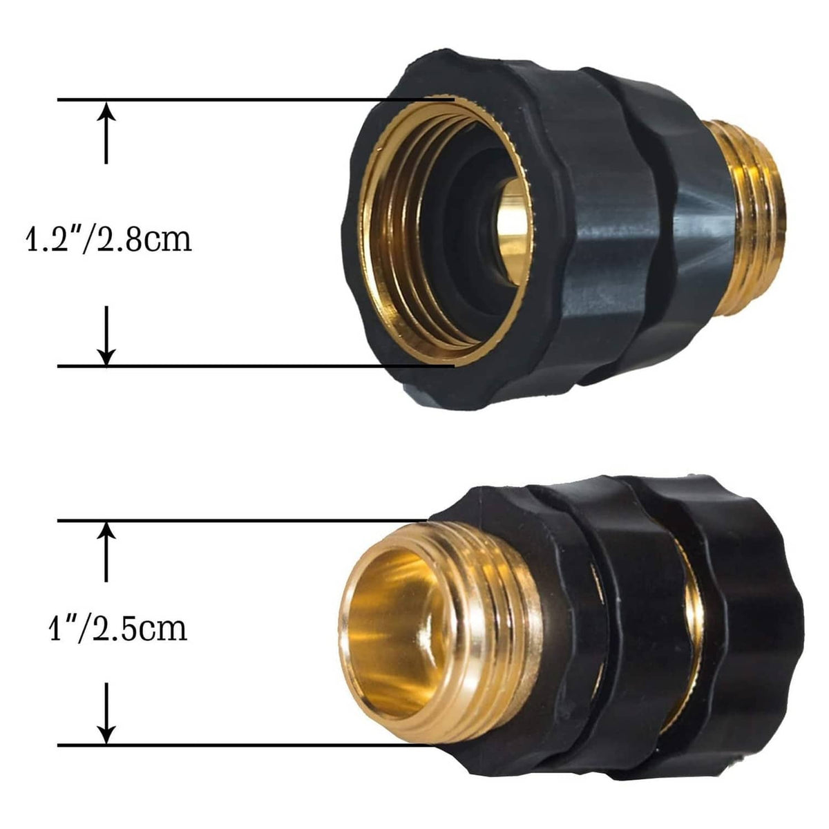 Gold quick hose connector, black textured body, threaded male end and size markings