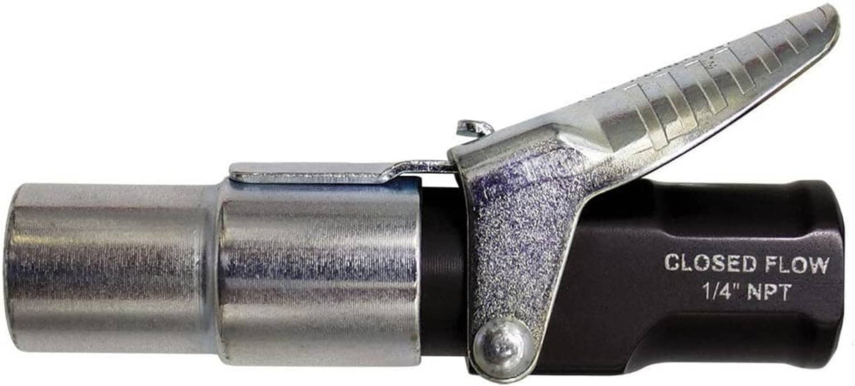 Closed Flow tire inflator connector with silver metal body and black rubber handle