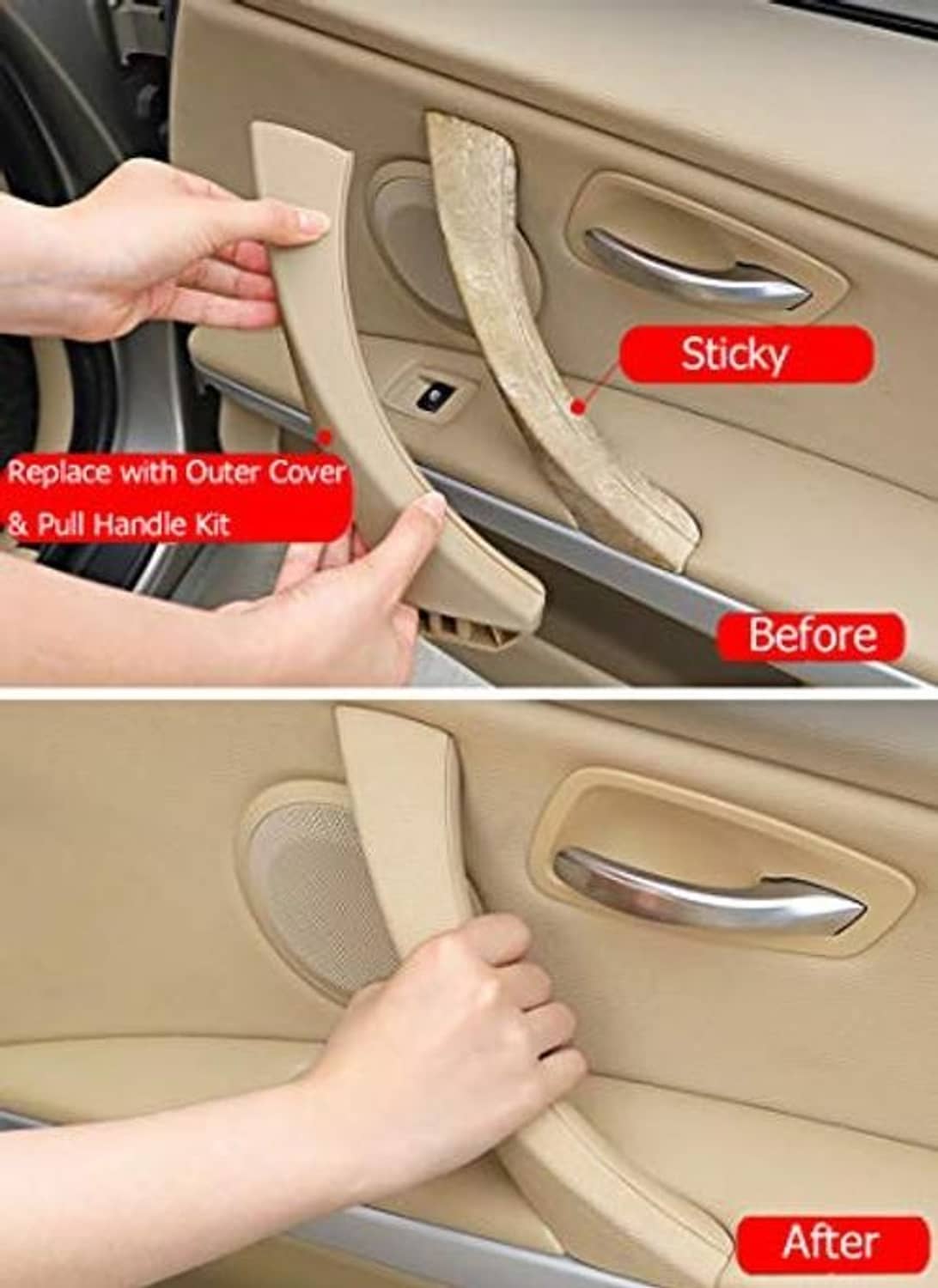 Beige right door handle outer cover and pull handle replacement shown on door panel