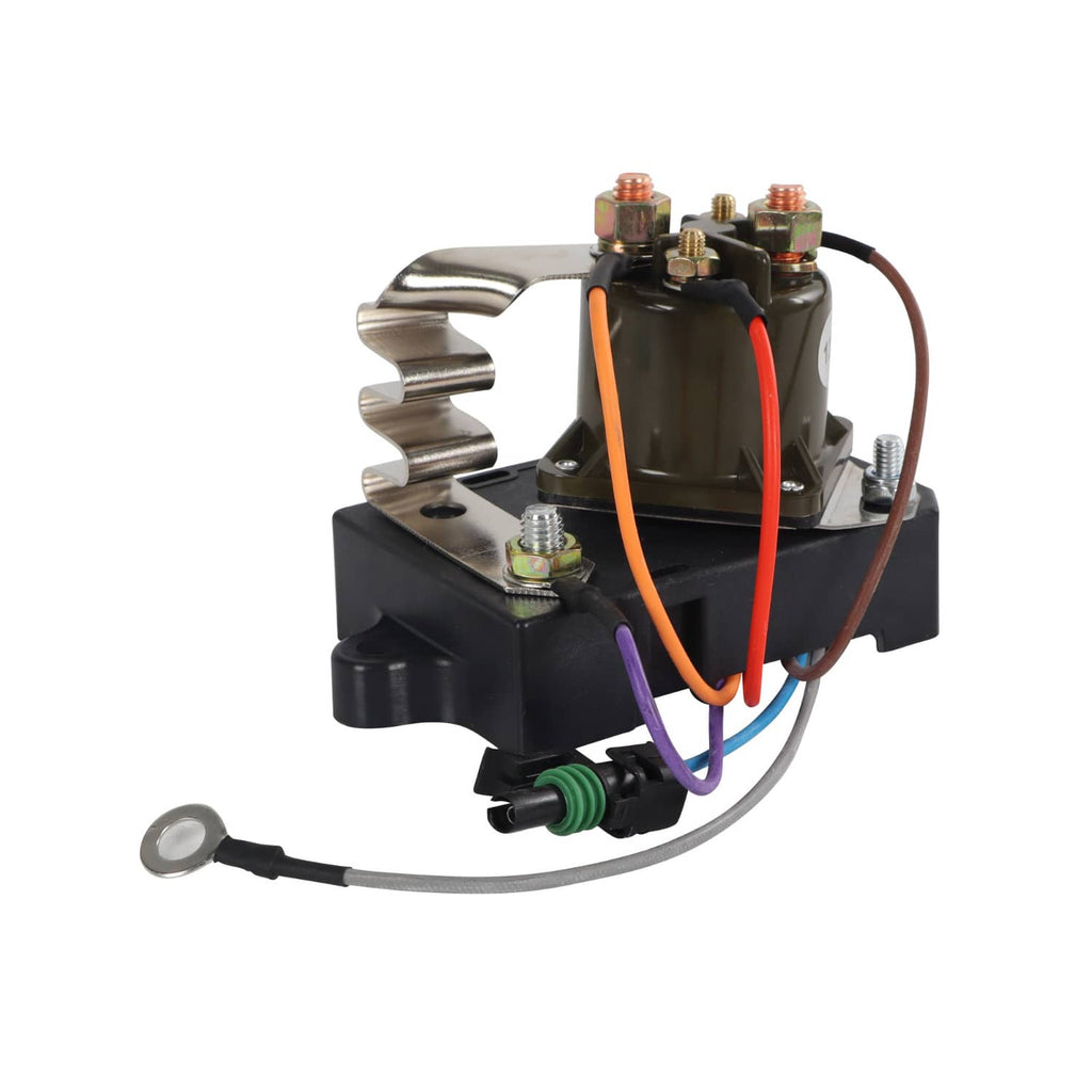 Glow plug controller relay with black housing, orange, red, and purple wires, ring terminal