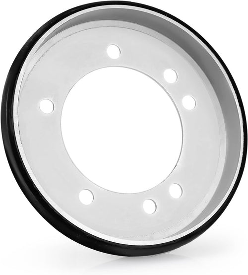 Friction drive wheel disc with black rubber ring and silver face, six bolt holes