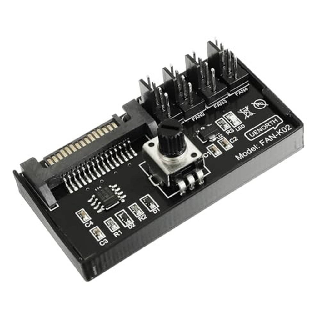 PWM fan speed controller board with central speed knob and fan power connectors