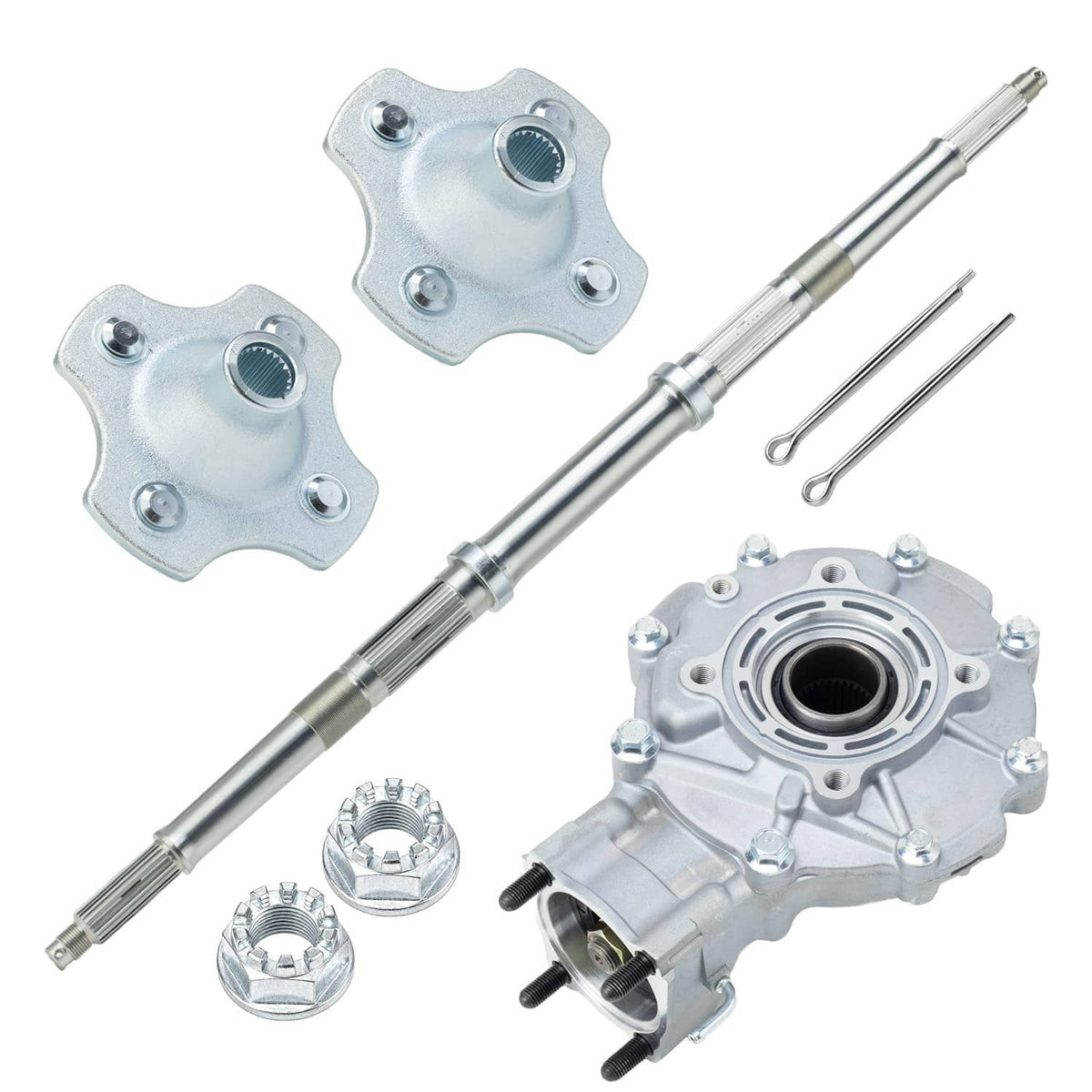Rear differential axle shaft wheel hub kit, silver metal flanges, axle shaft, and clips