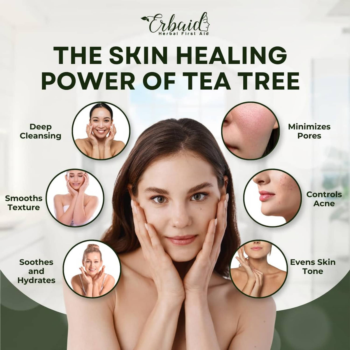 Tea tree soap bar package shown with skincare benefits infographic