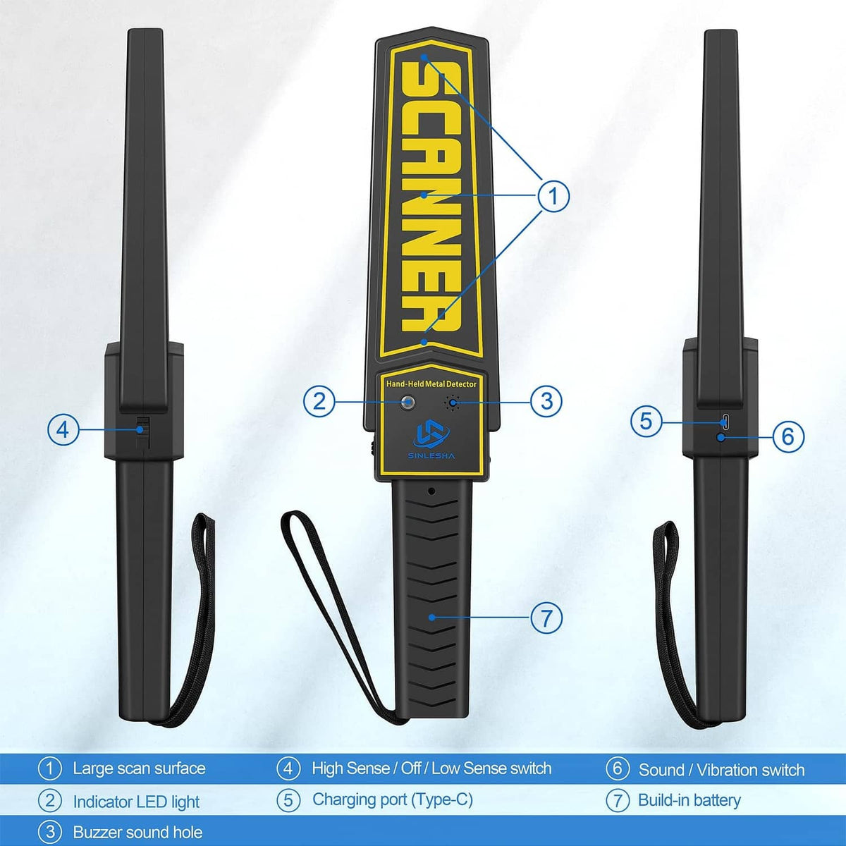Black handheld metal detector wand with yellow SCANNER panel, switches, and wrist strap