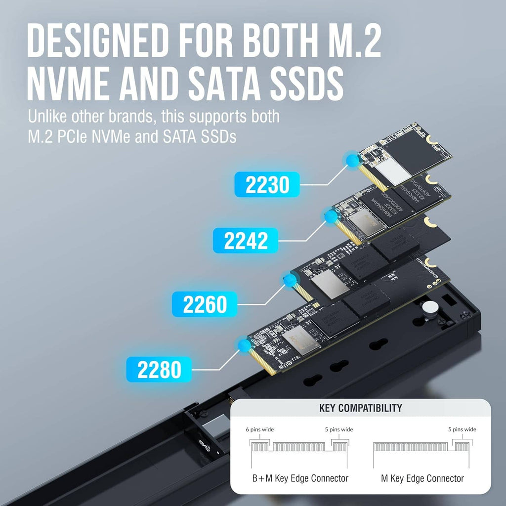 Tool-free M.2 NVMe/SATA SSD enclosure with internal drive slots and connector layout