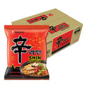 Spicy ramen noodle pack with red Nongshim Shin Ramyun packet and brown carton