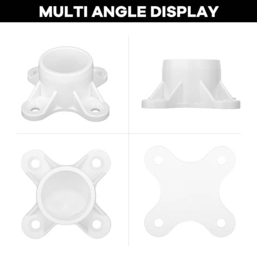 1-inch white PVC flange fitting, multi-angle views showing front and underside