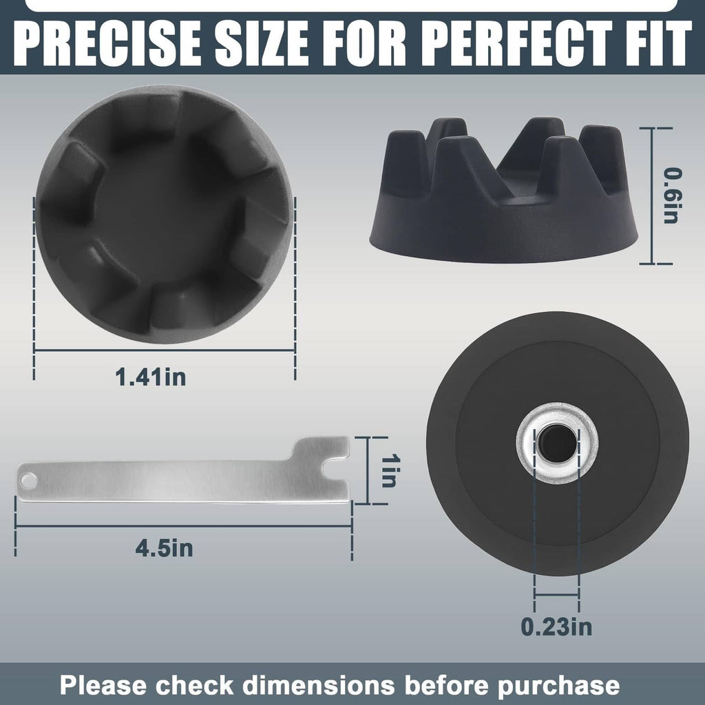 Black blender coupler and silver metal wrench, replacement kit with dimension lines