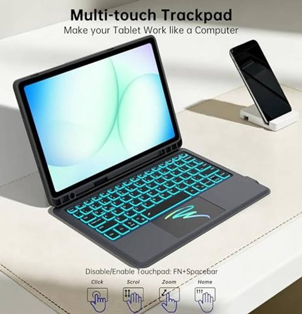 Black tablet keyboard case with teal backlit keys and multi-touch trackpad