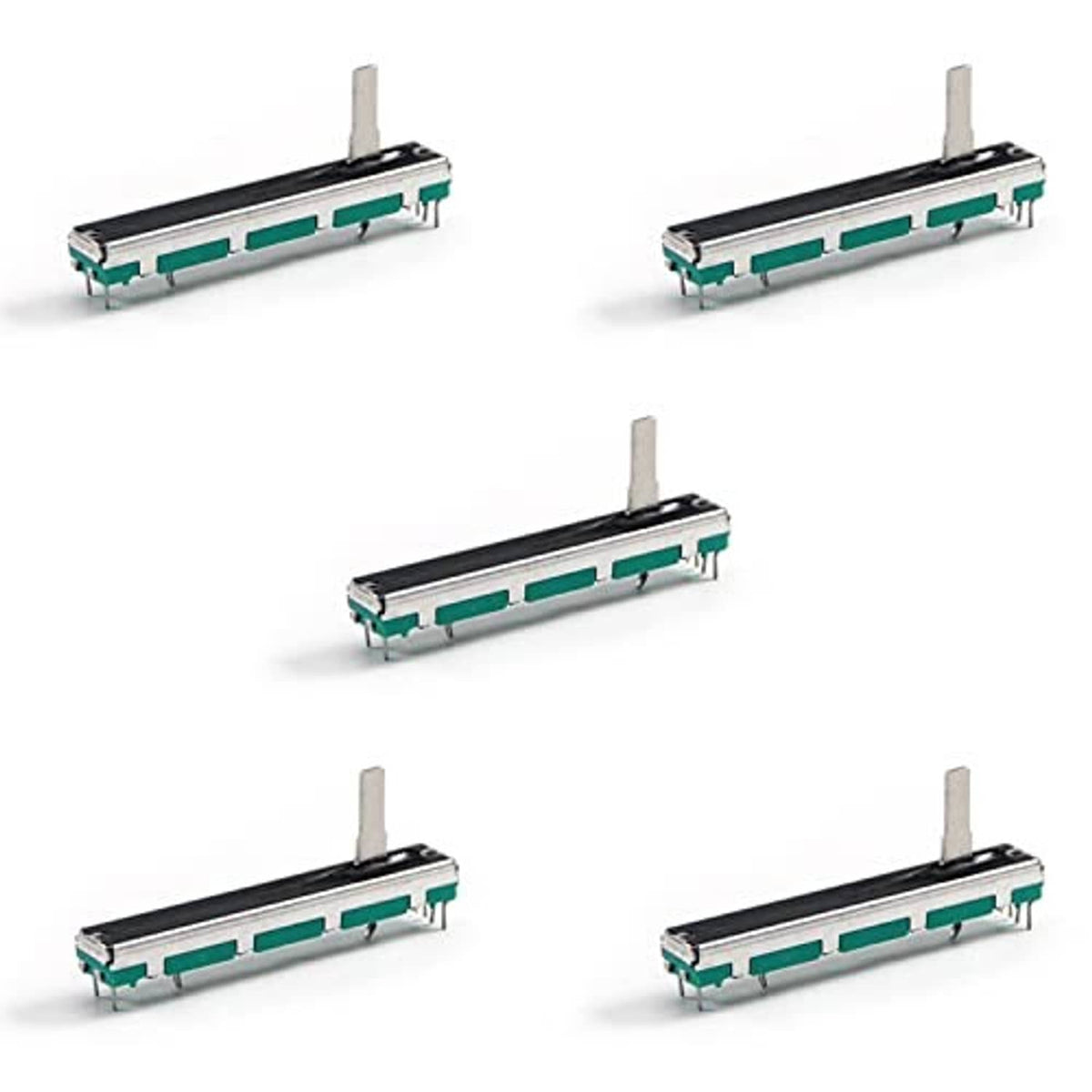 Teal linear slide potentiometer with metal wiper track and through-hole pins