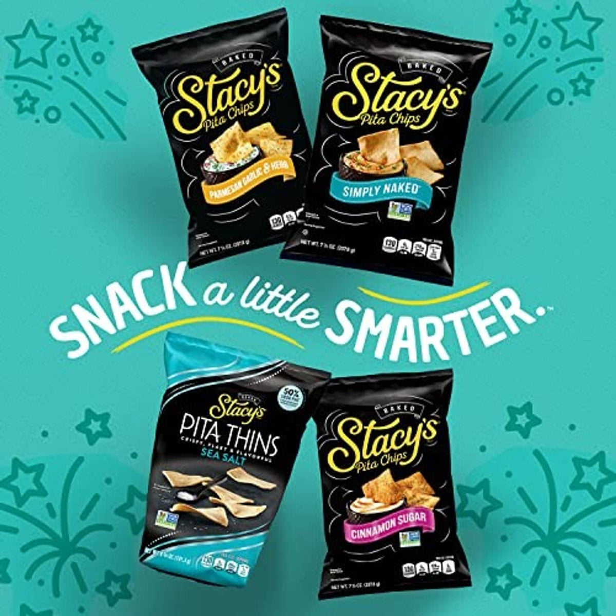 Assorted Stacy's baked pita chip bags showing Simply Naked and other varieties