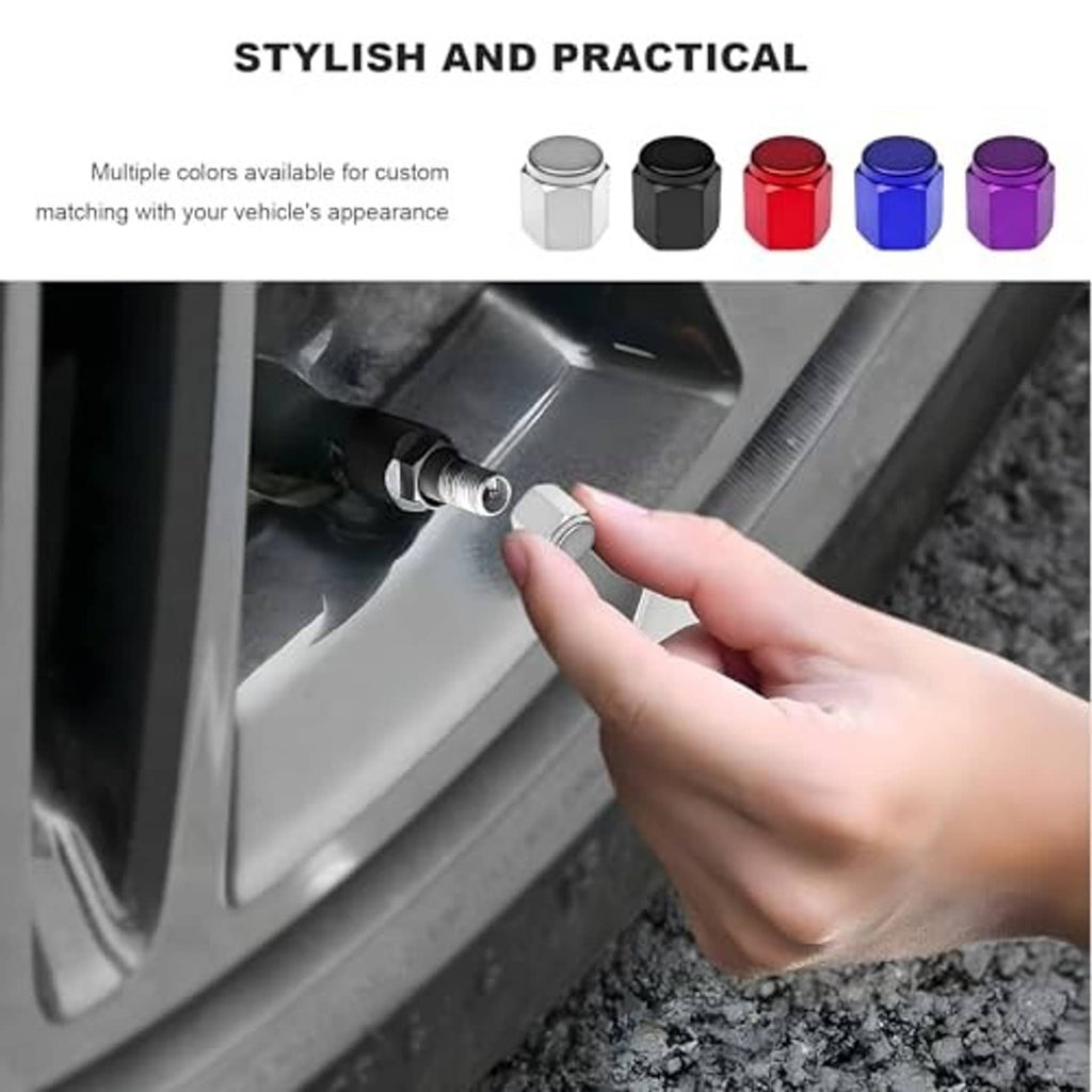 Silver tire valve stem cap with other colored options; hand installing on a wheel
