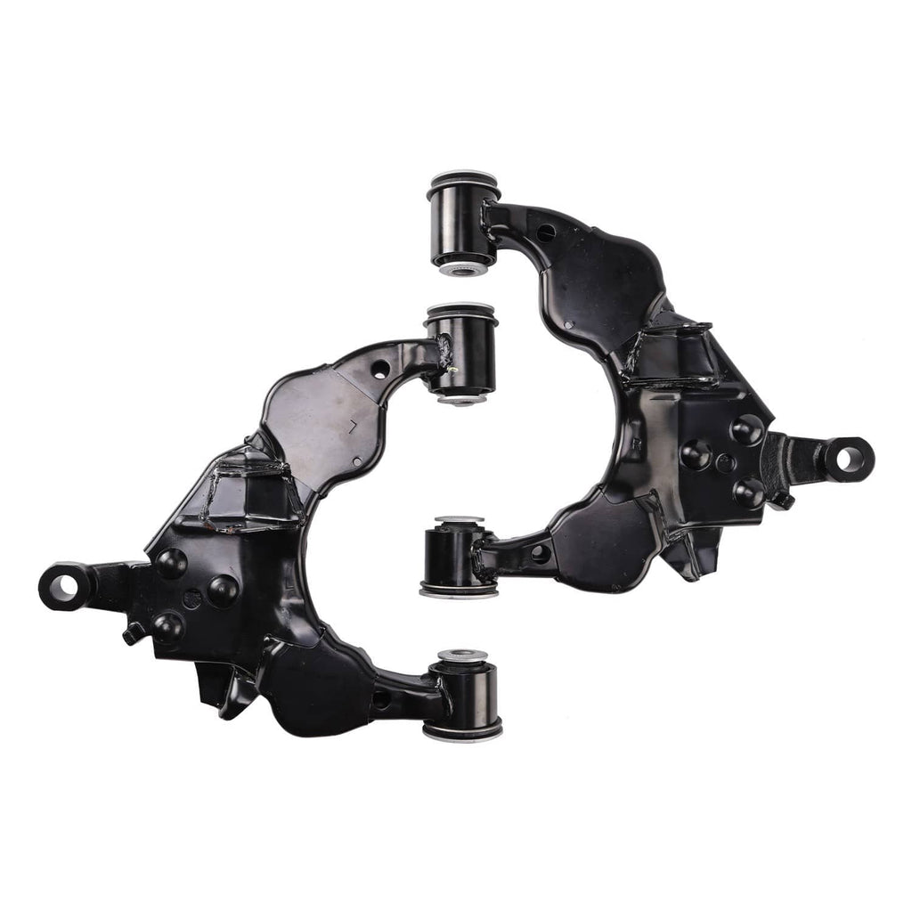 Front lower suspension control arm set, black arms with multiple bushing sleeves and mounts