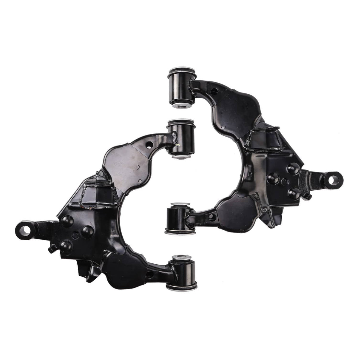 Front lower suspension control arm set, black arms with multiple bushing sleeves and mounts