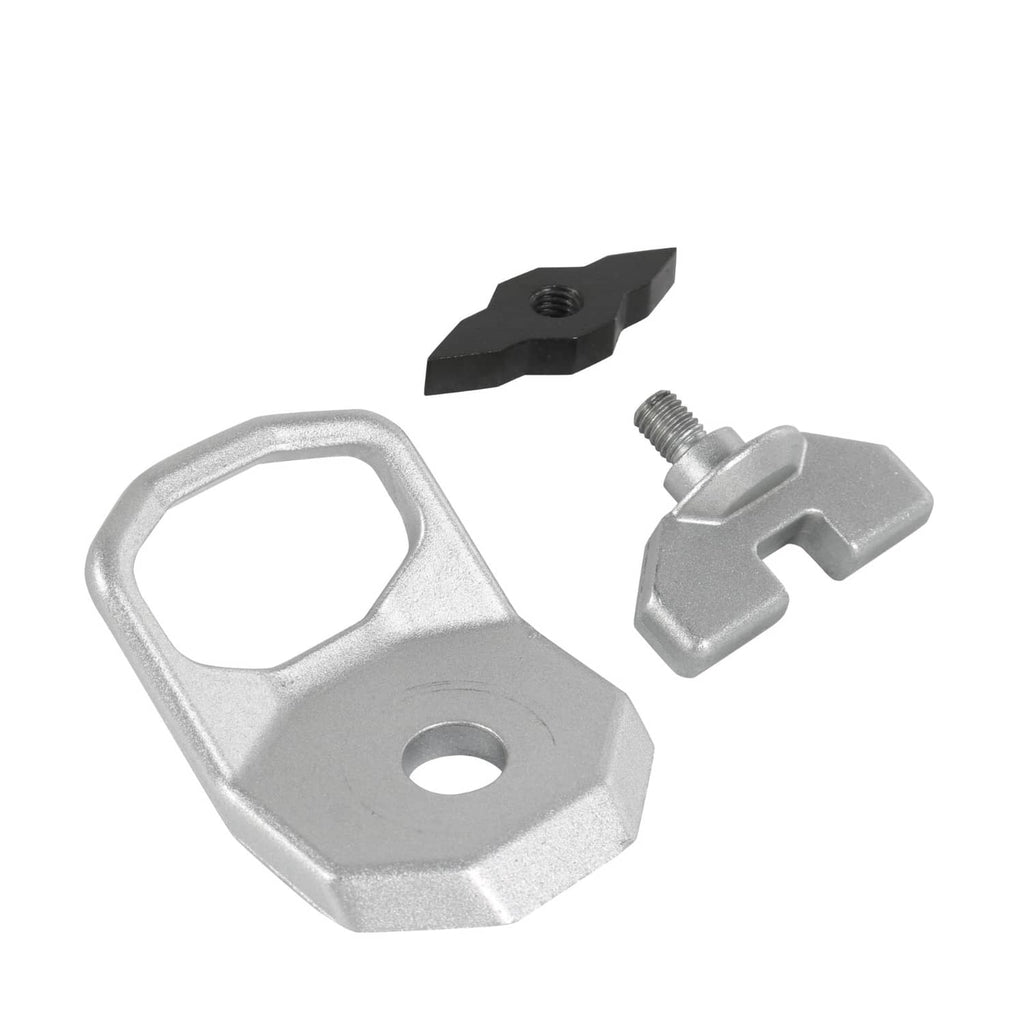 Silver D-ring base with threaded bolt and separate black locking wedge piece