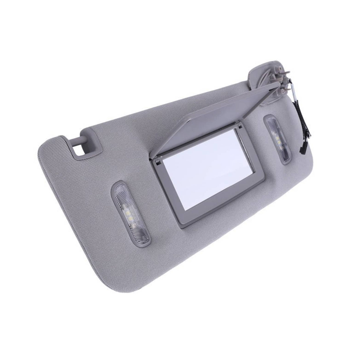 Grey sun visor panel with rectangular mirror opening and side light modules