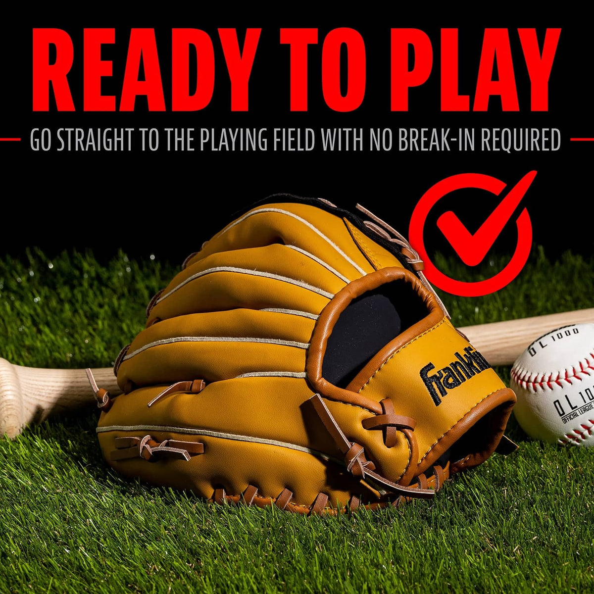 Yellow Franklin baseball glove with black palm panel and brown lacing