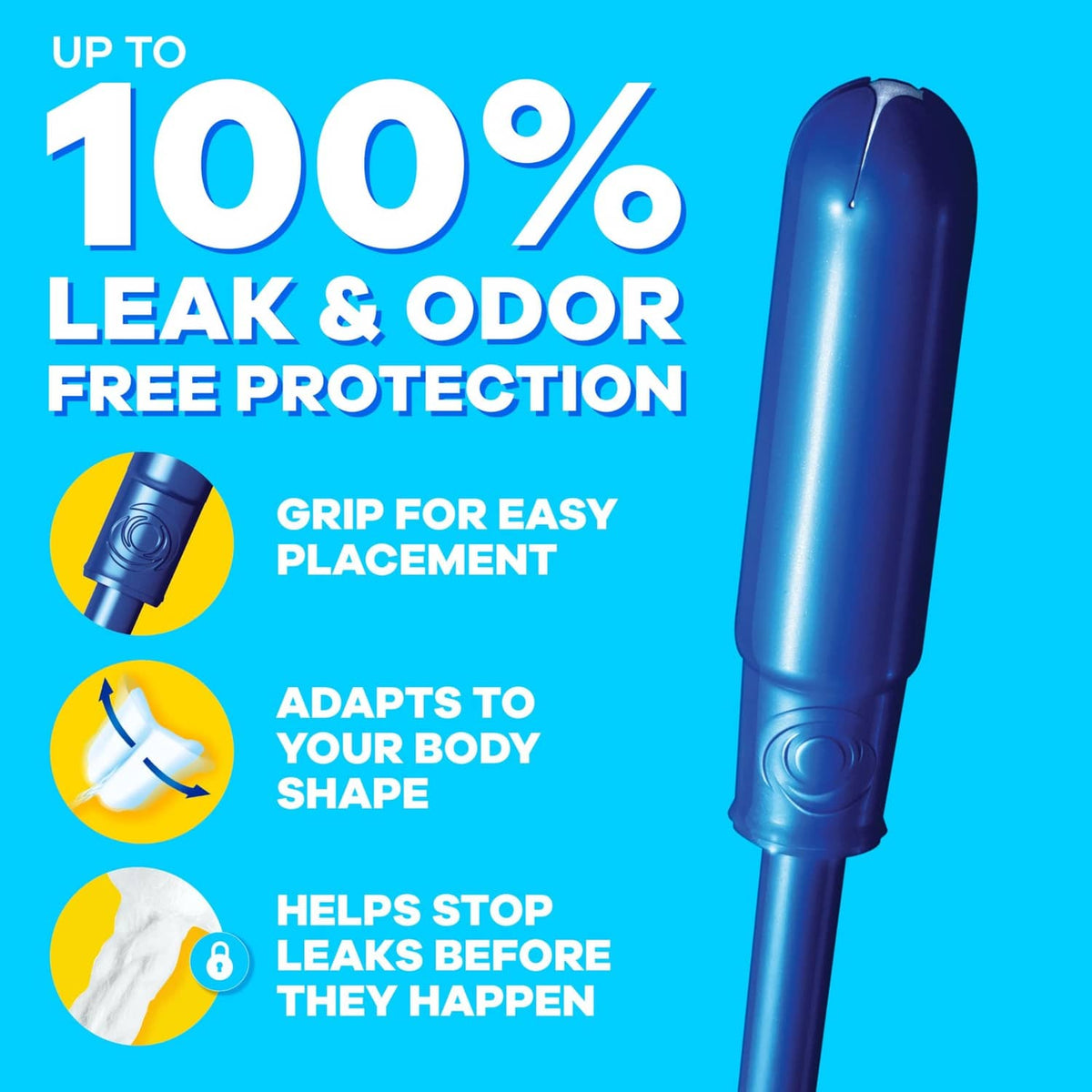 Tampon applicator shown in blue for leak and odor free protection