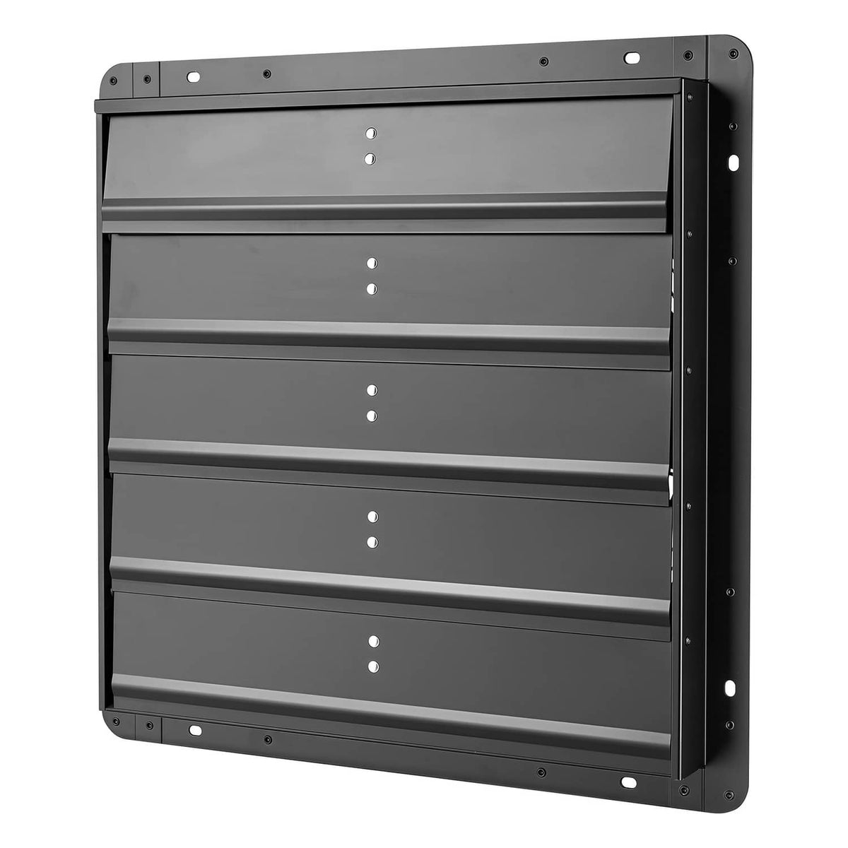 Wall-mount shutter exhaust fan with closed louver panel and mounting frame