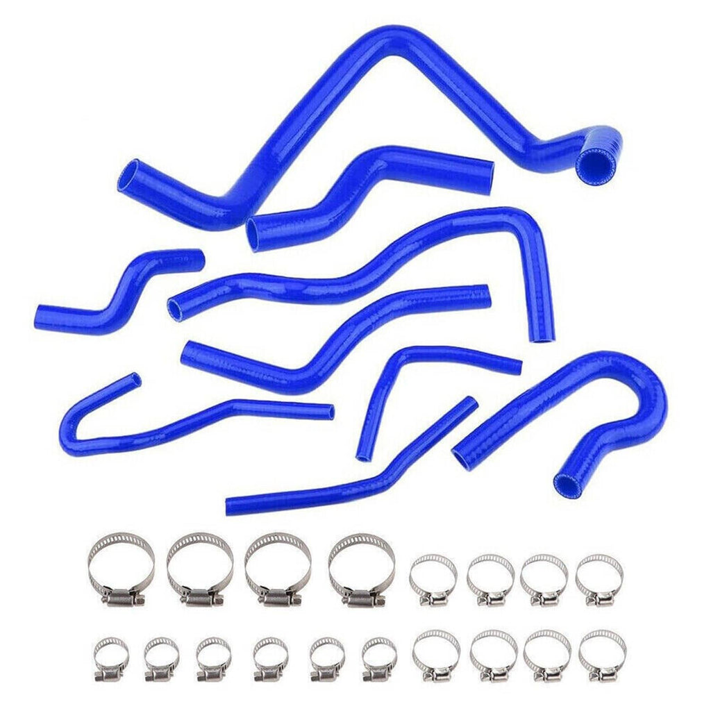 Blue silicone radiator hose kit set with multiple curved hoses and fittings