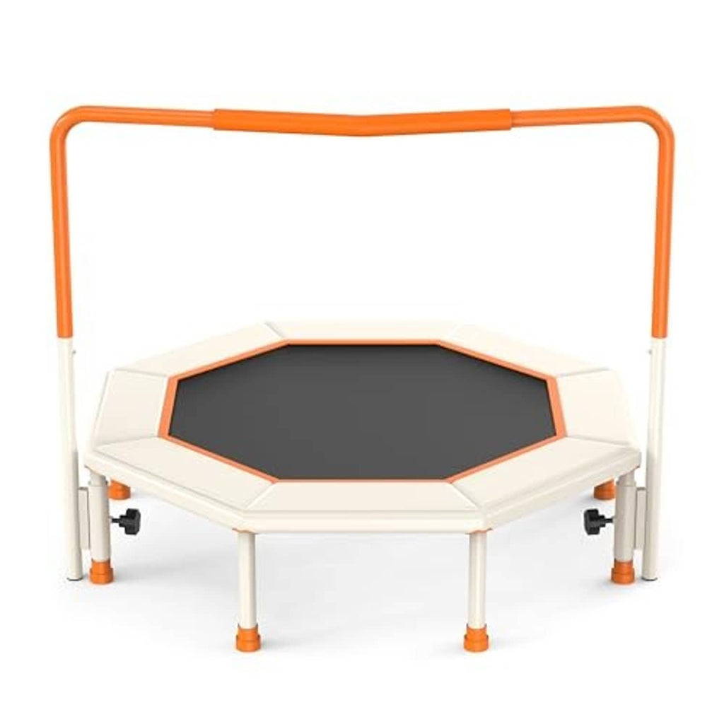 Orange mini trampoline with black octagon bounce mat and four short support legs