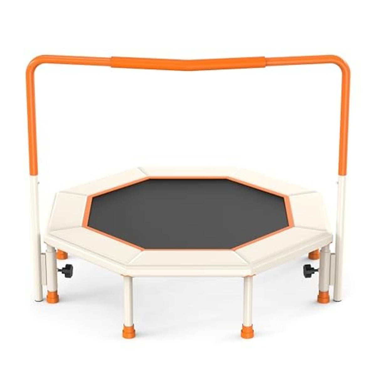 Orange mini trampoline with black octagon bounce mat and four short support legs