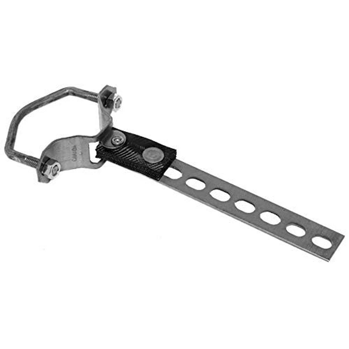 Exhaust hanger strap with slotted mounting holes and metal bracket with side bolts
