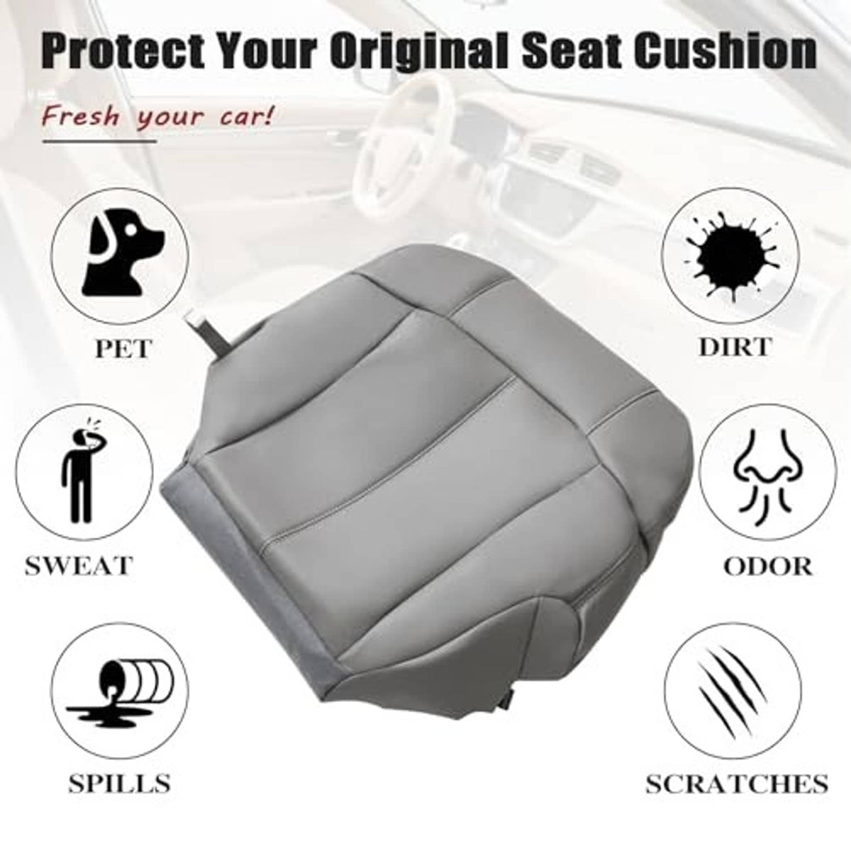 Gray leather seat cover cushion with seam lines and contoured backrest shape.