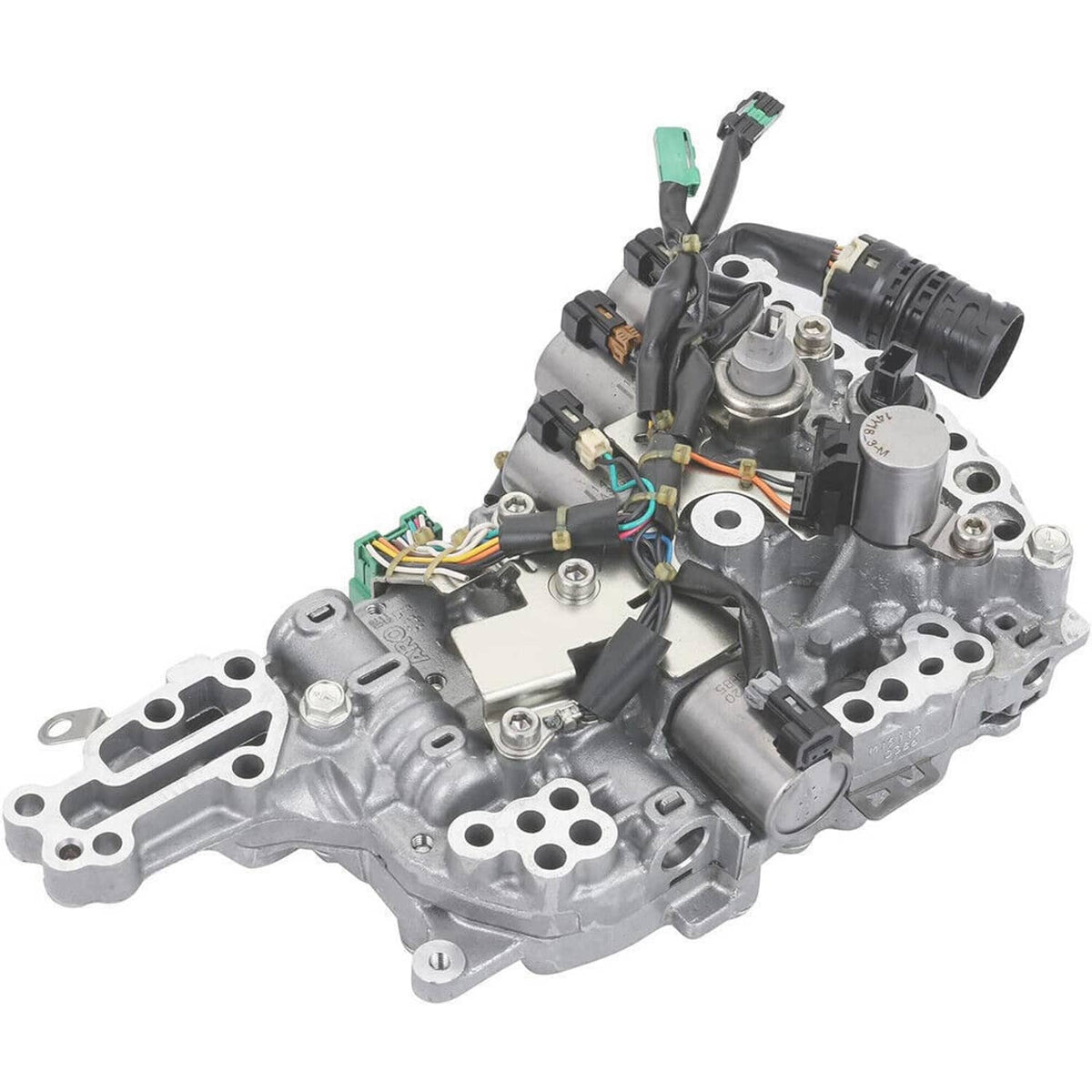 CVT transmission control valve body with solenoids, angled metal unit with mounted solenoids