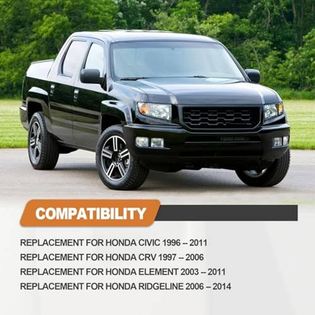 Front view of a black pickup truck parked on a road with greenery