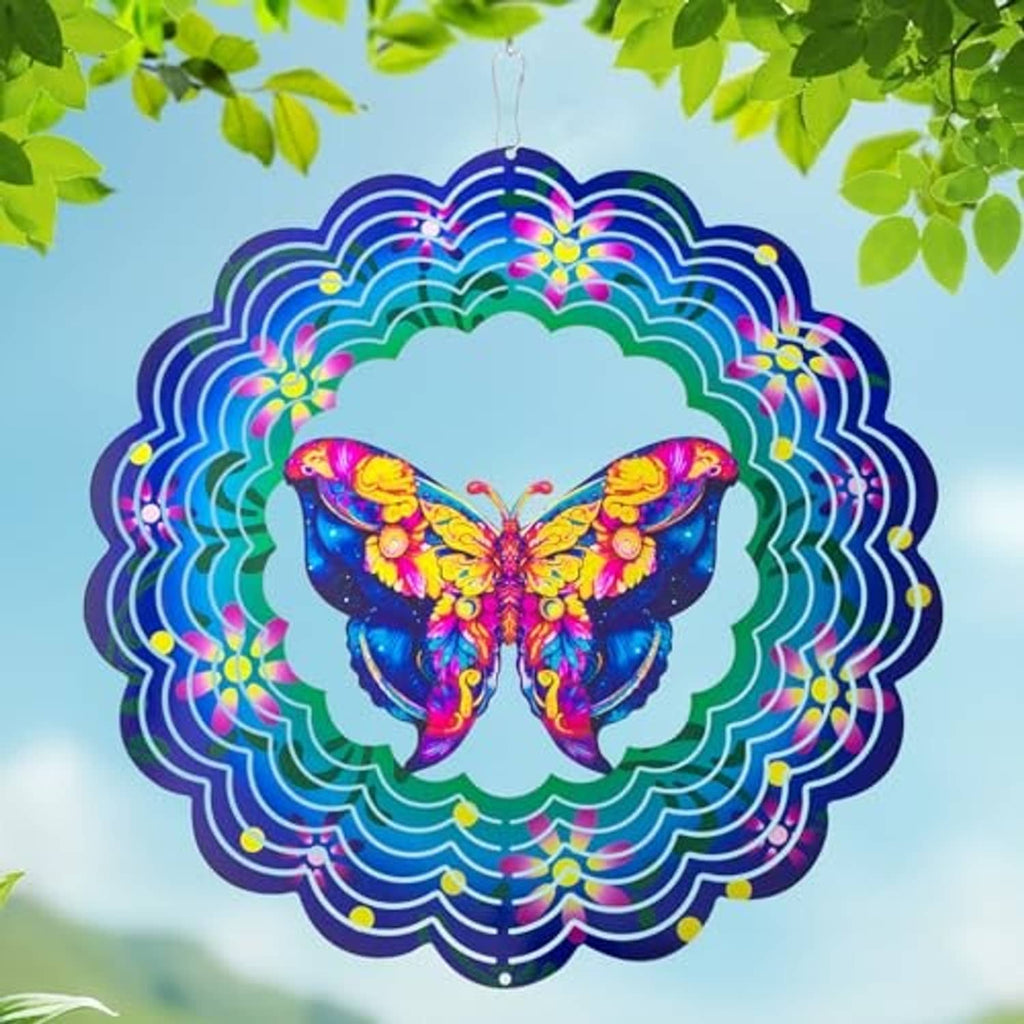 Butterfly metal wind spinner, rainbow holographic wings on green-and-blue layered ring
