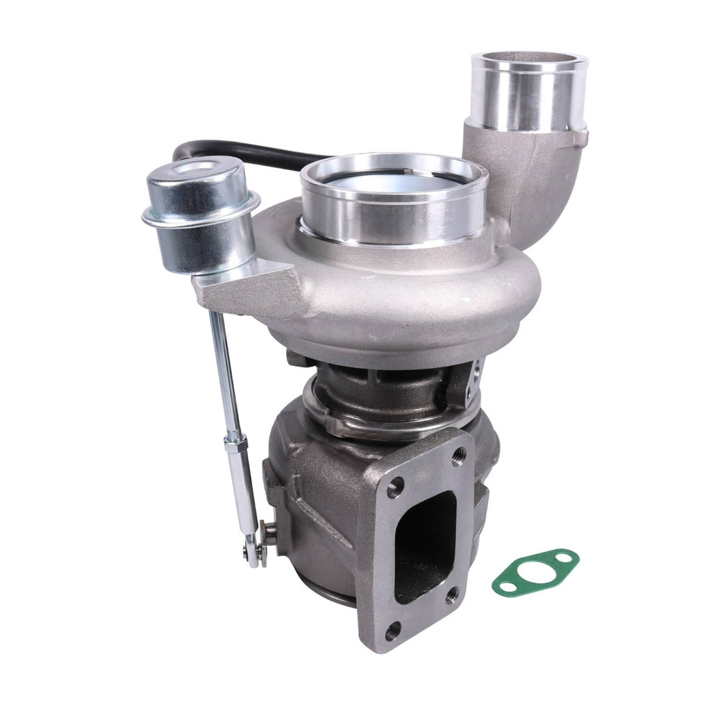 Turbocharger with intake pipes, exhaust flange, support bracket, and green gasket