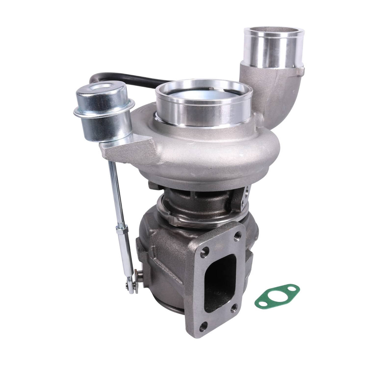 Turbocharger with intake pipes, exhaust flange, support bracket, and green gasket