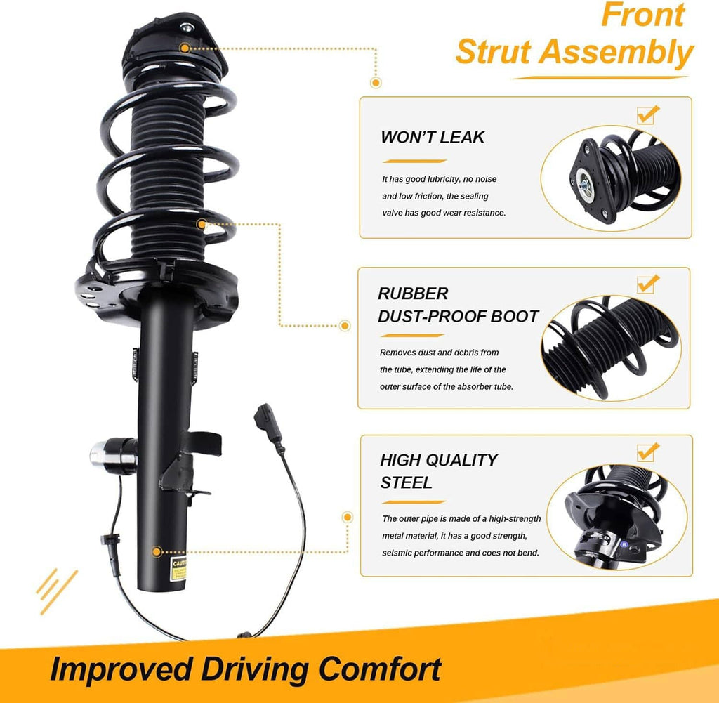 Front shock strut assembly with coil spring, rubber dust boot, and steel body