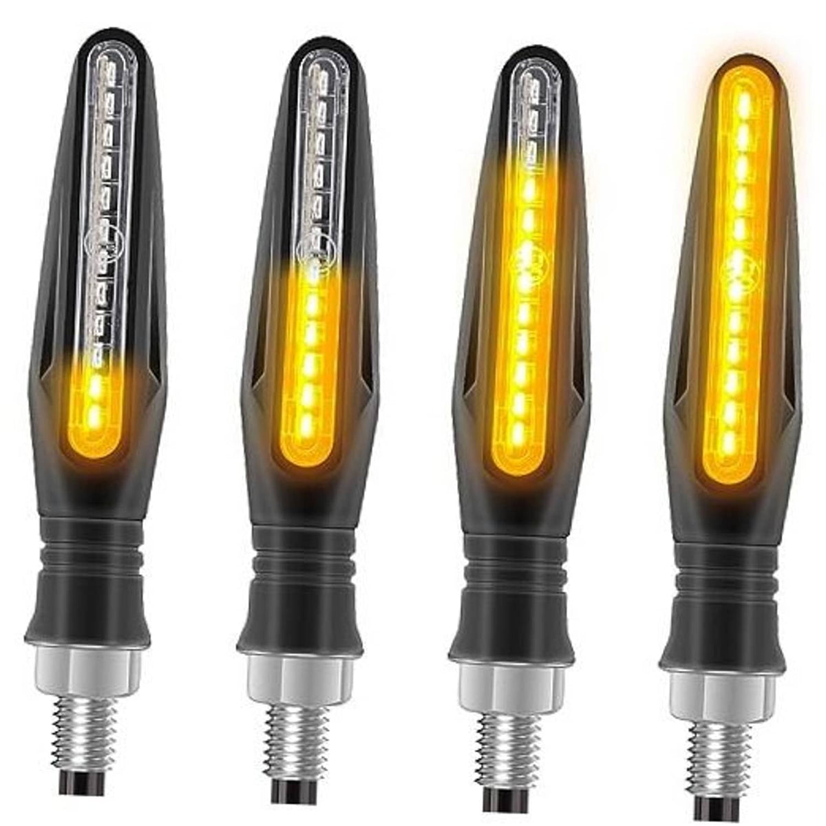 Amber LED motorcycle turn signal indicators, 4-pack with black stems and glowing bars