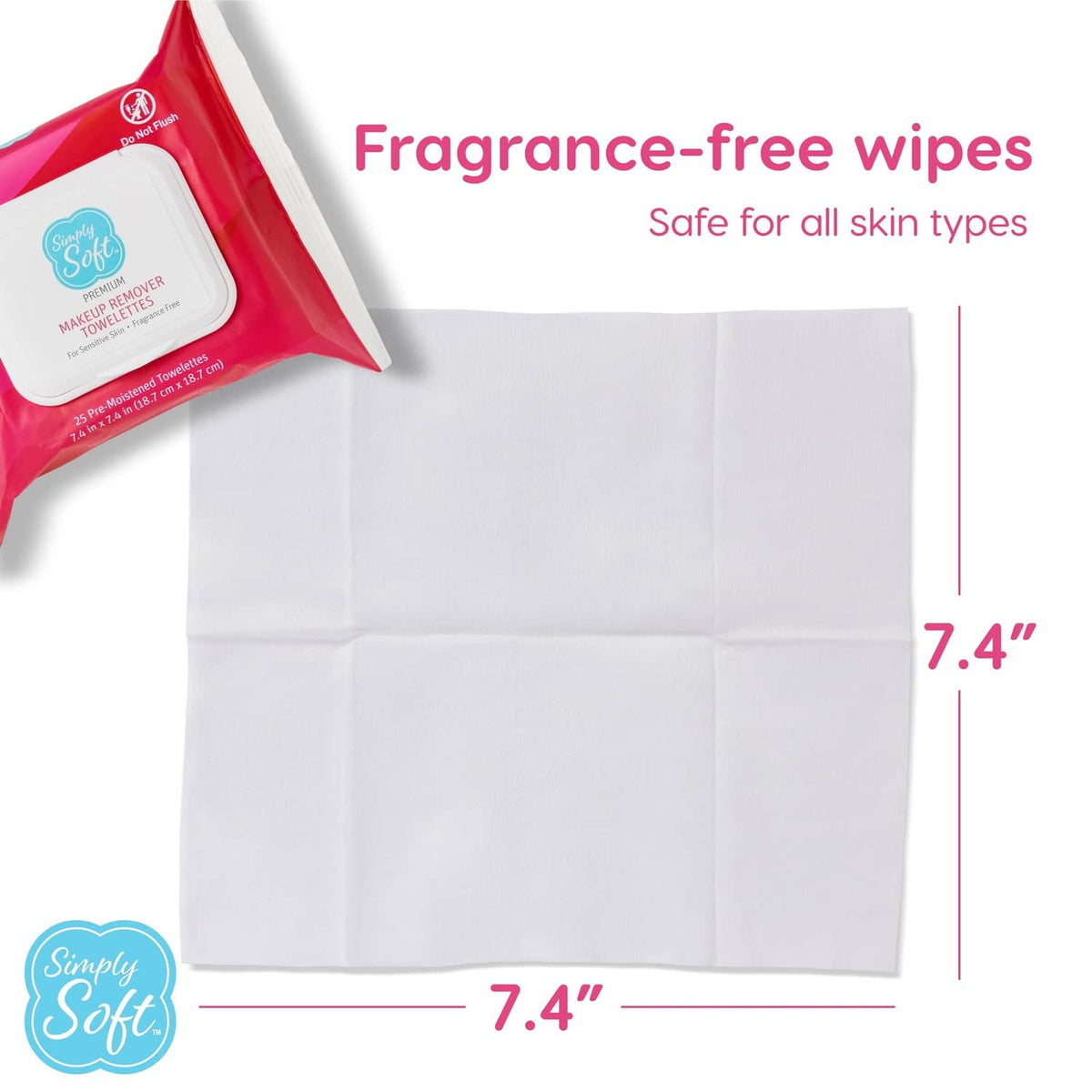 Simply Soft fragrance-free makeup remover towelettes, folded white wipes stack