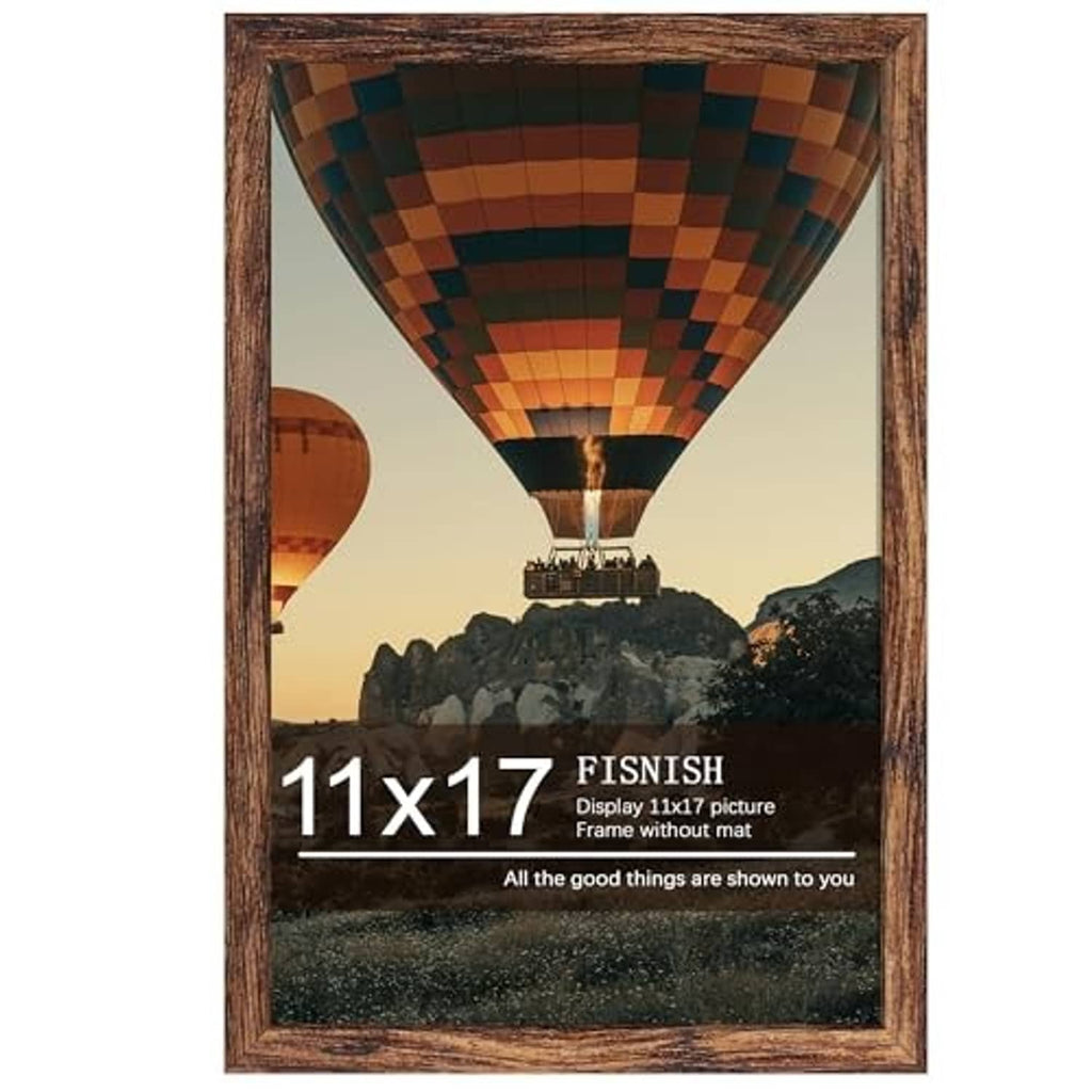 Brown 11x17 picture frame with hot air balloon photo, close-up front view