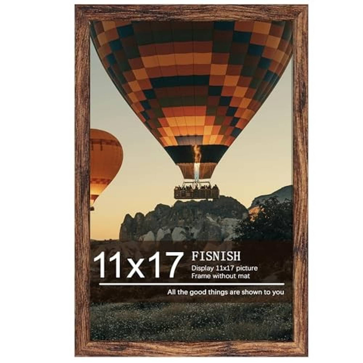 Brown 11x17 picture frame with hot air balloon photo, close-up front view