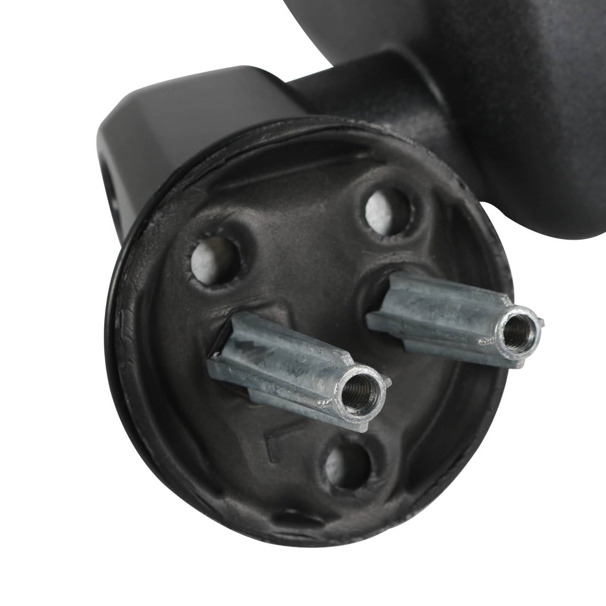 Black mirror mounting face with two bolts and threaded connection posts