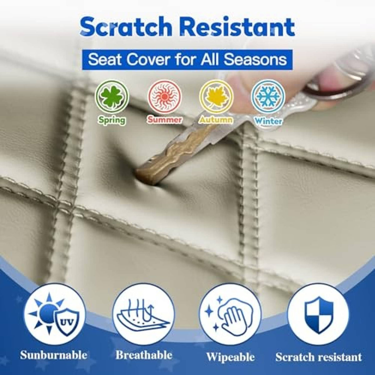 Close-up of stitched gray seat cover material with textured diamond quilting and seams