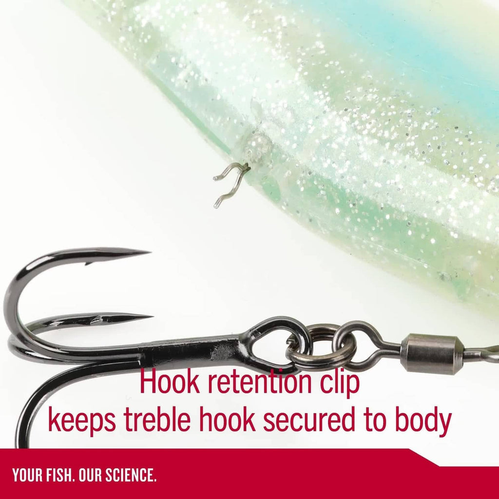 Soft plastic swim bait with treble hook secured by hook-retention clip