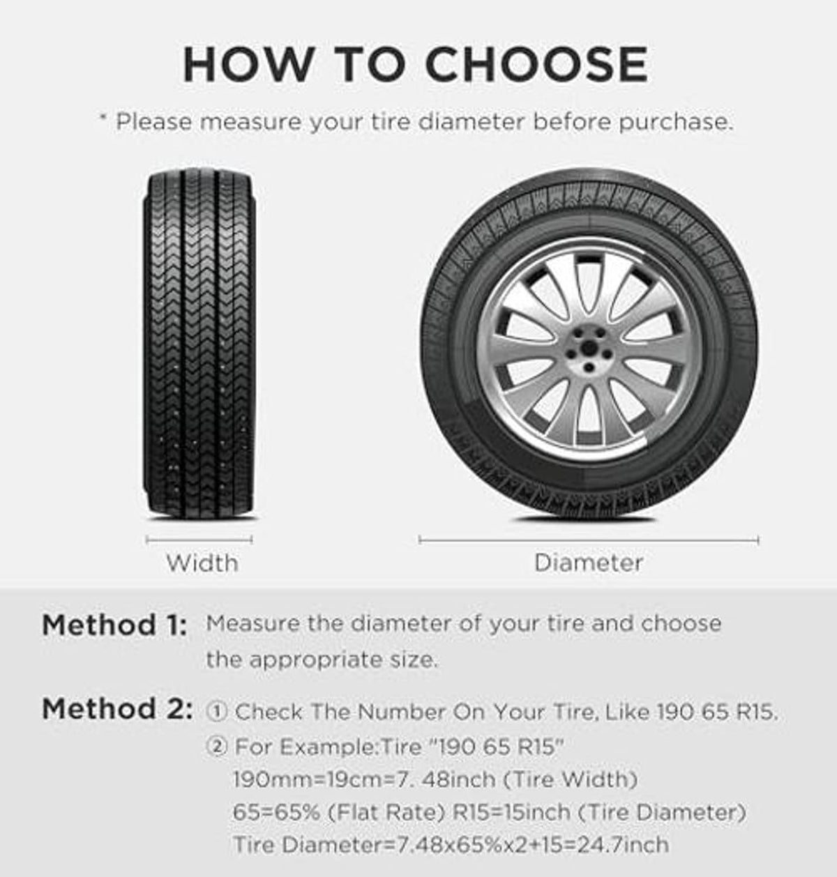 Wheel cover sizing graphic showing tire diameter and width measurement areas