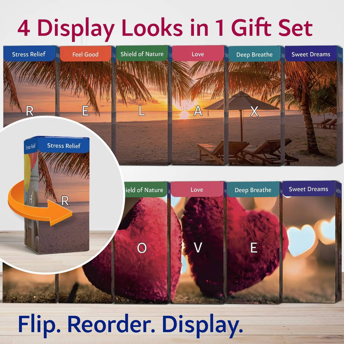 Gift set display with six essential oil blend boxes and flip reorder packaging