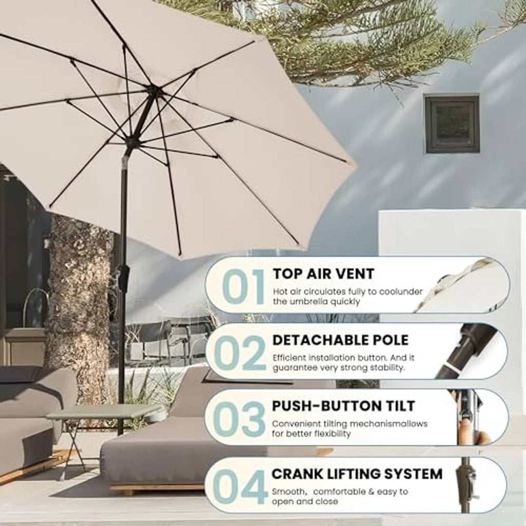 Umbrella canopy hardware with tilt/vent design and cross ribs on the pole.