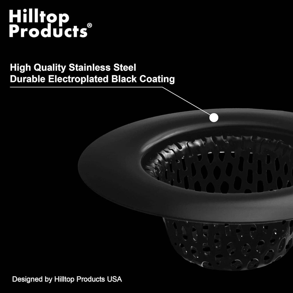 Black sink strainer basket with wide rim and perforated drain holes; electroplated finish.