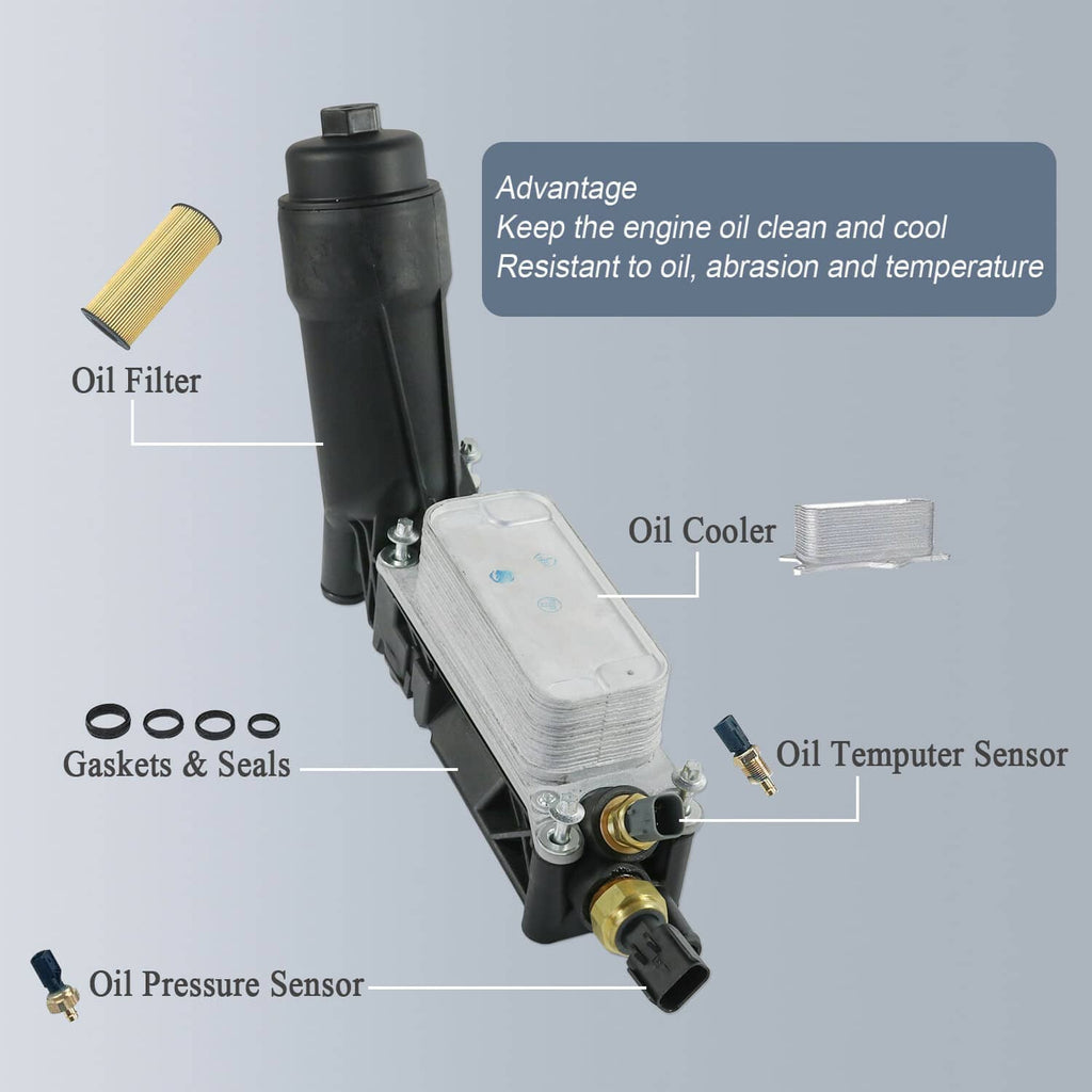 Oil filter adapter housing with oil cooler plate, sensors, and brass fittings, black and silver