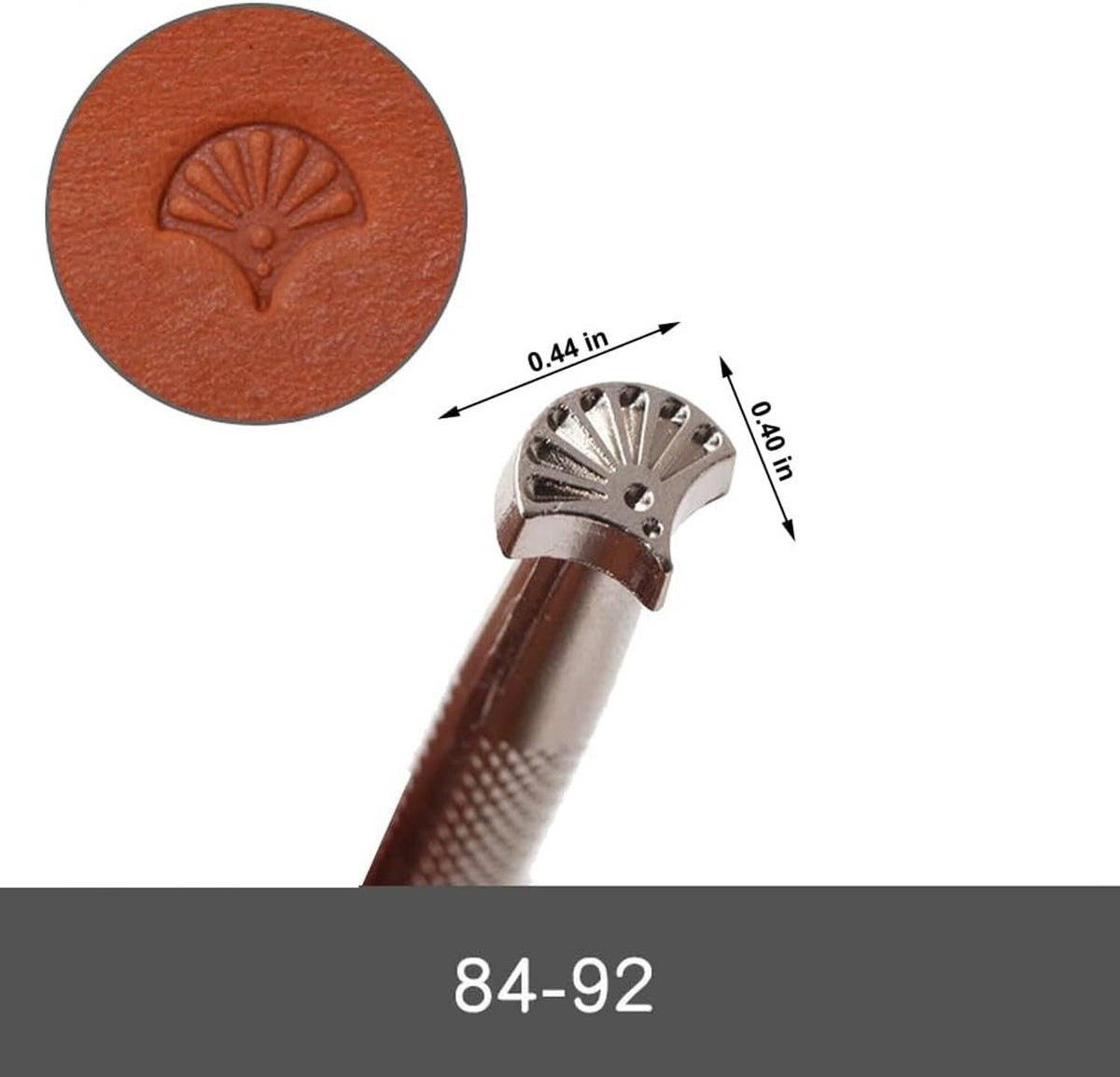 Leather stamp head with sunburst motif on brown leather round swatch