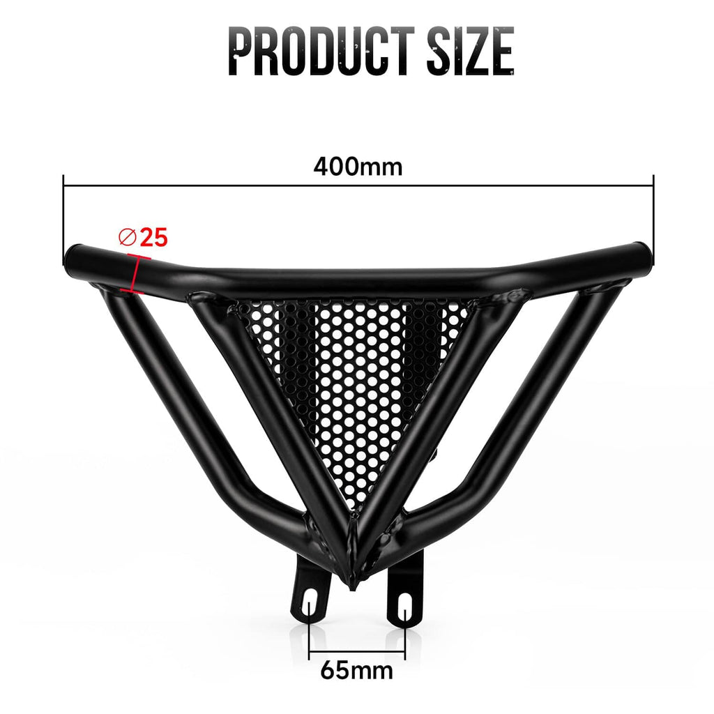Front bumper guard size layout showing black top tube and perforated mesh center